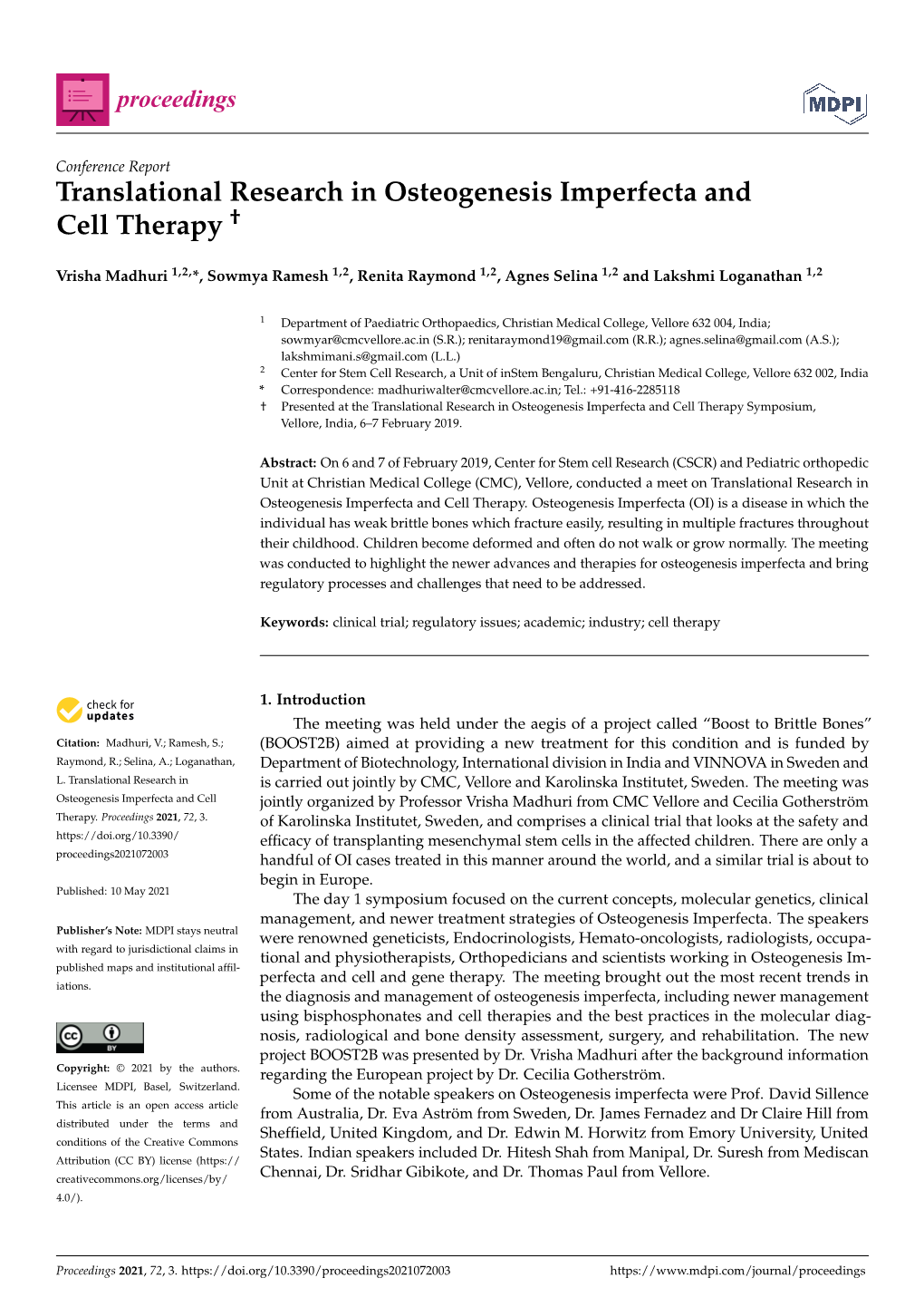 Translational Research in Osteogenesis Imperfecta and Cell Therapy †