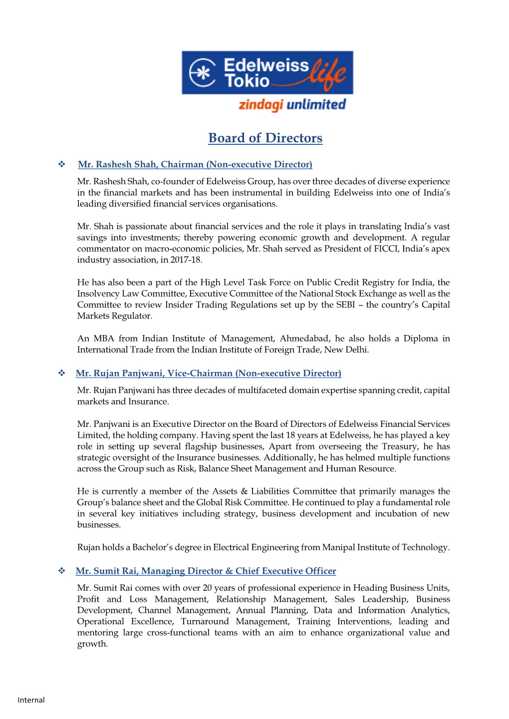 Board of Directors, Committees and Resignations