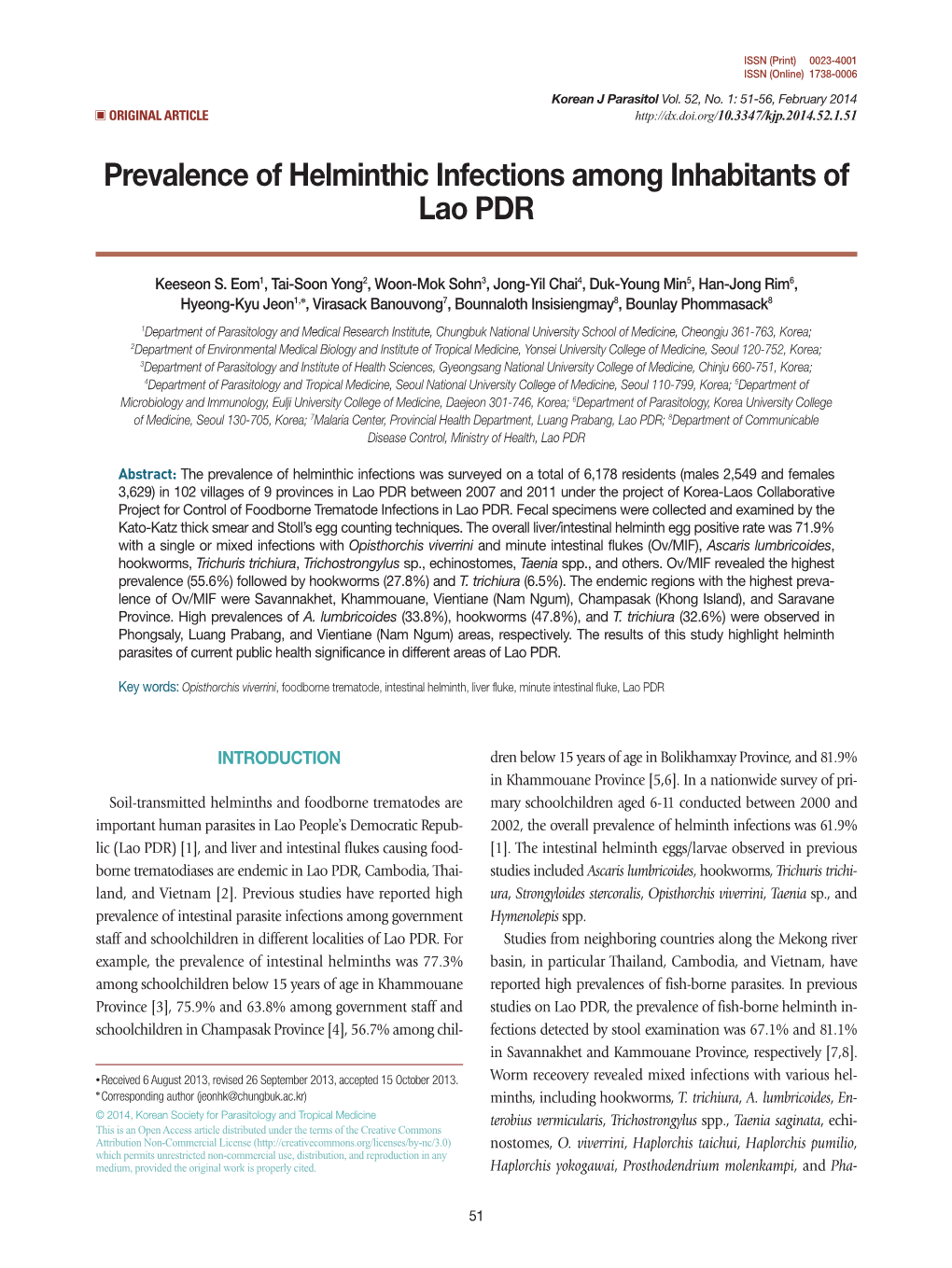 Prevalence of Helminthic Infections Among Inhabitants of Lao PDR