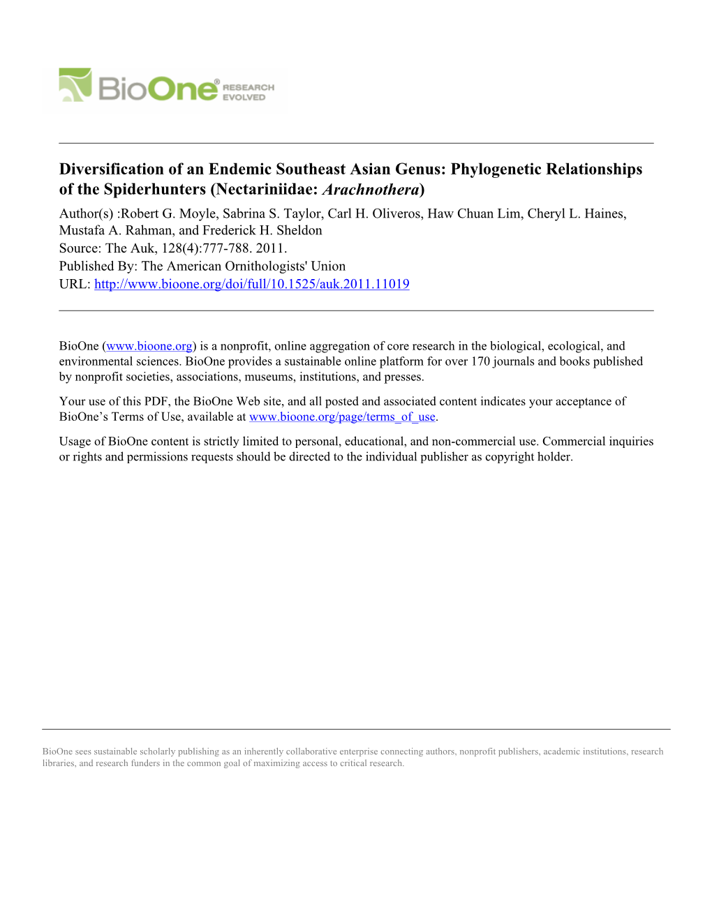 Phylogenetic Relationships of the Spiderhunters (Nectariniidae: Arachnothera) Author(S) :Robert G