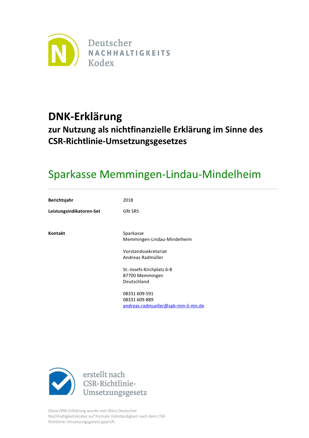 DNK‐Erklärung Sparkasse Memmingen‐Lindau‐Mindelheim