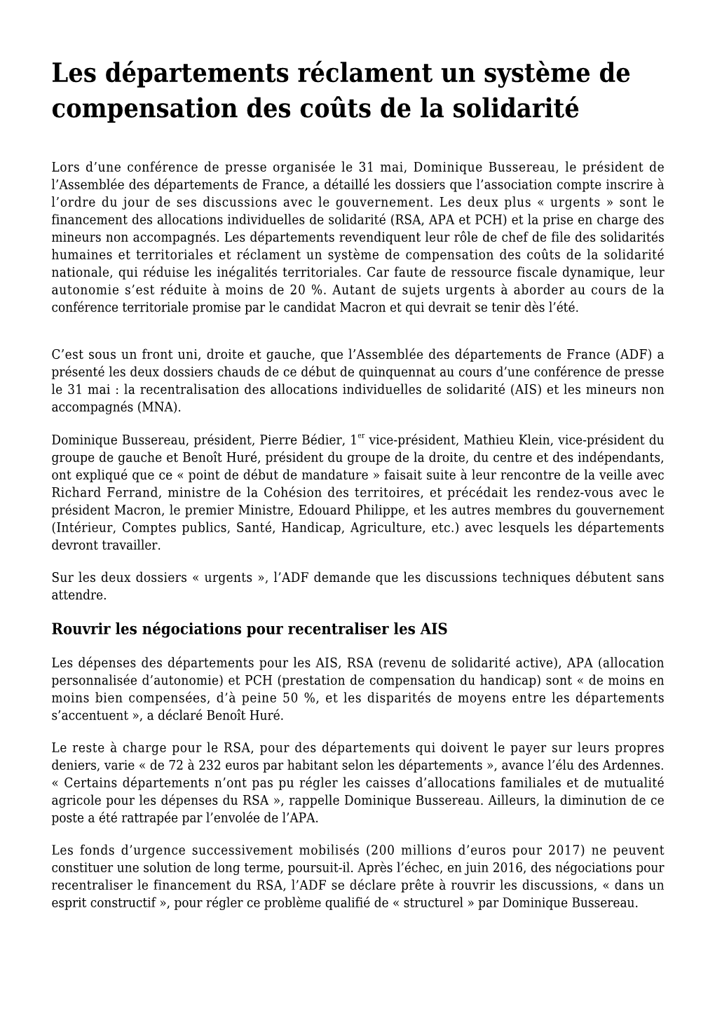 Les Départements Réclament Un Système De Compensation Des Coûts De La Solidarité