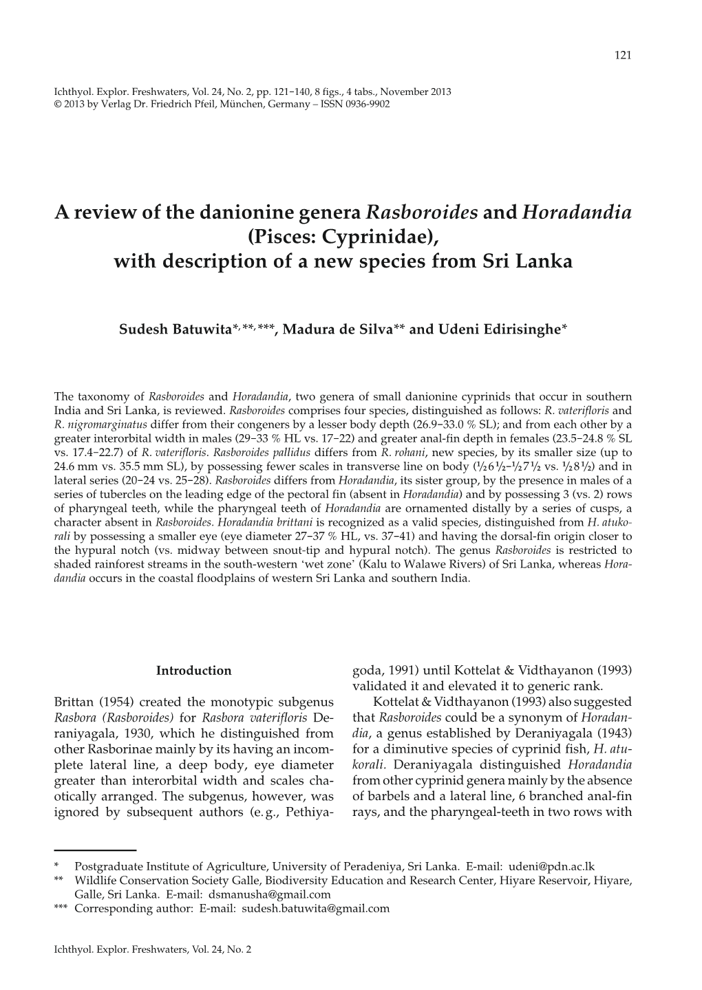 A Review of the Danionine Genera Rasboroides and Horadandia (Pisces: Cyprinidae), with Description of a New Species from Sri Lanka