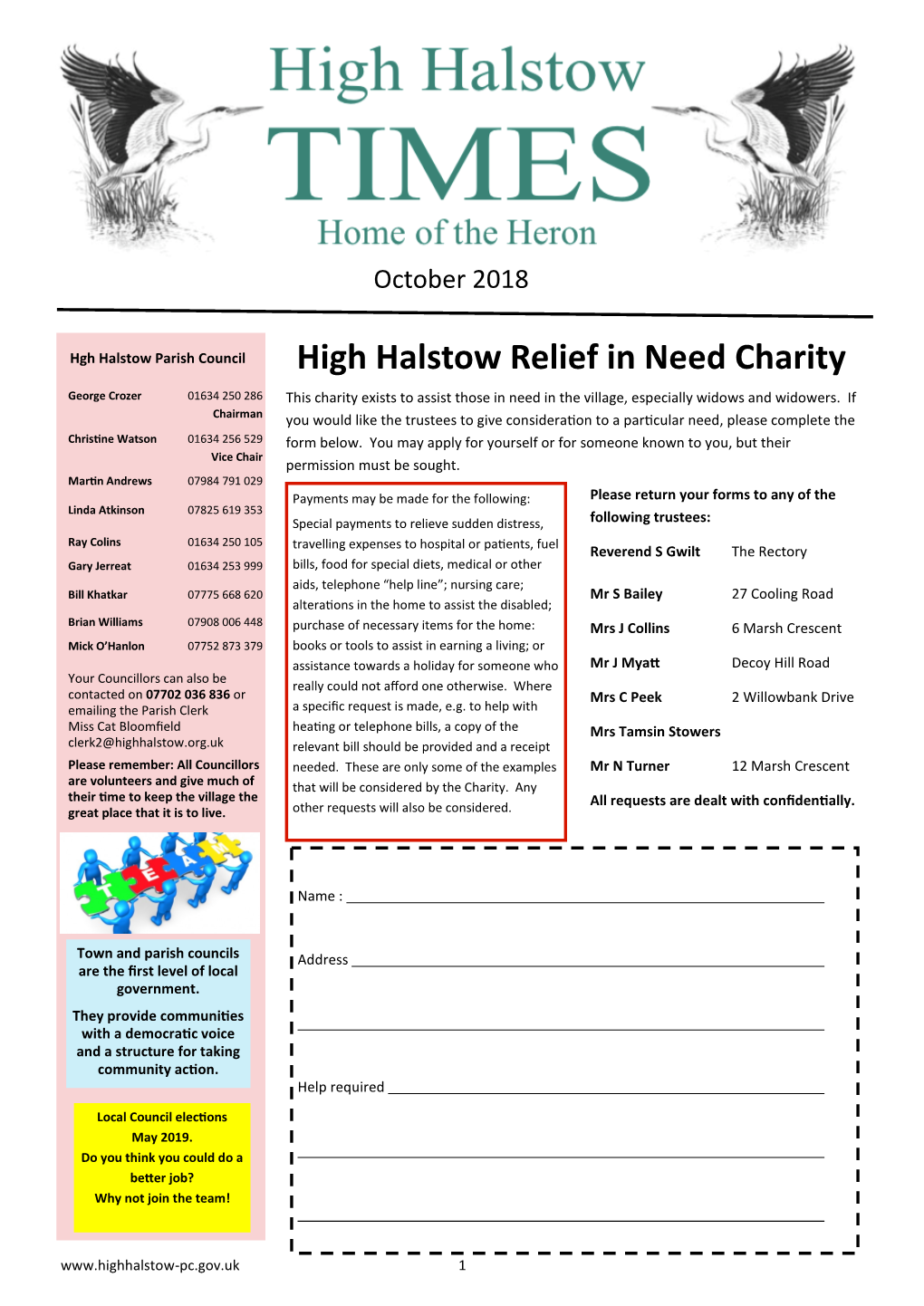 High Halstow Relief in Need Charity George Crozer 01634 250 286 This Charity Exists to Assist Those in Need in the Village, Especially Widows and Widowers