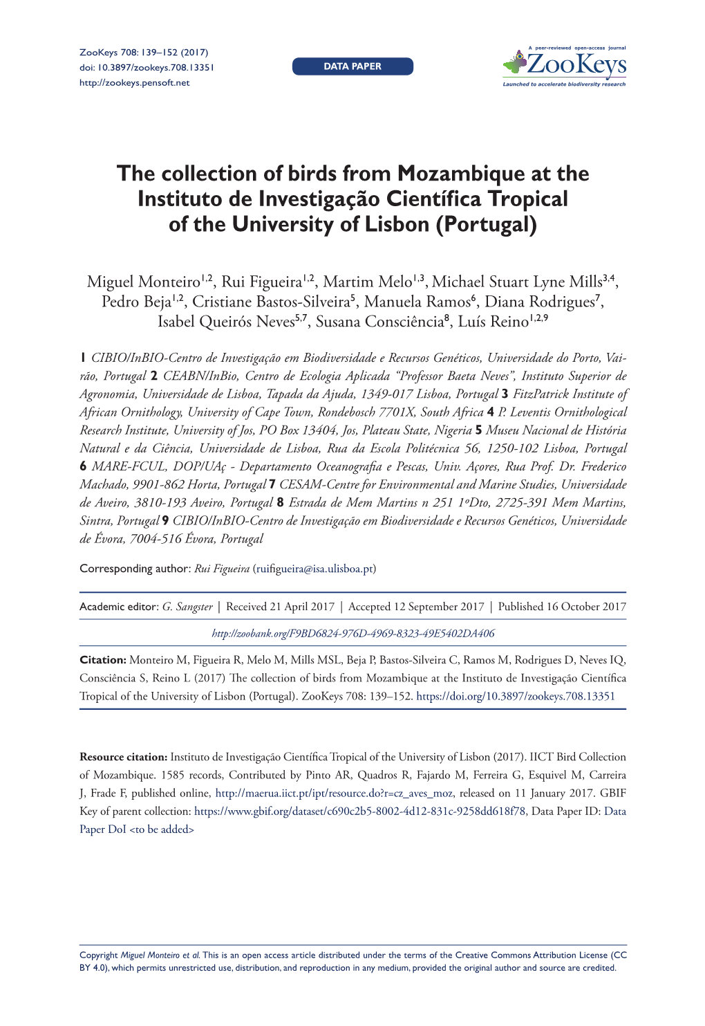 The Collection of Birds from Mozambique at the Instituto De Investigação Científica Tropical of the University of Lisbon (Portugal)