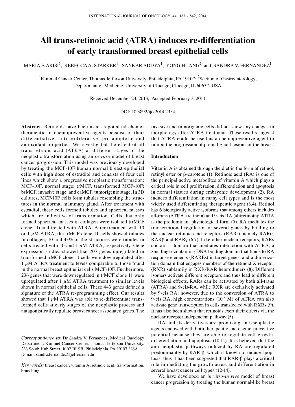 Trans-Retinoic Acid (ATRA) Induces Re-Differentiation of Early Transformed Breast Epithelial Cells