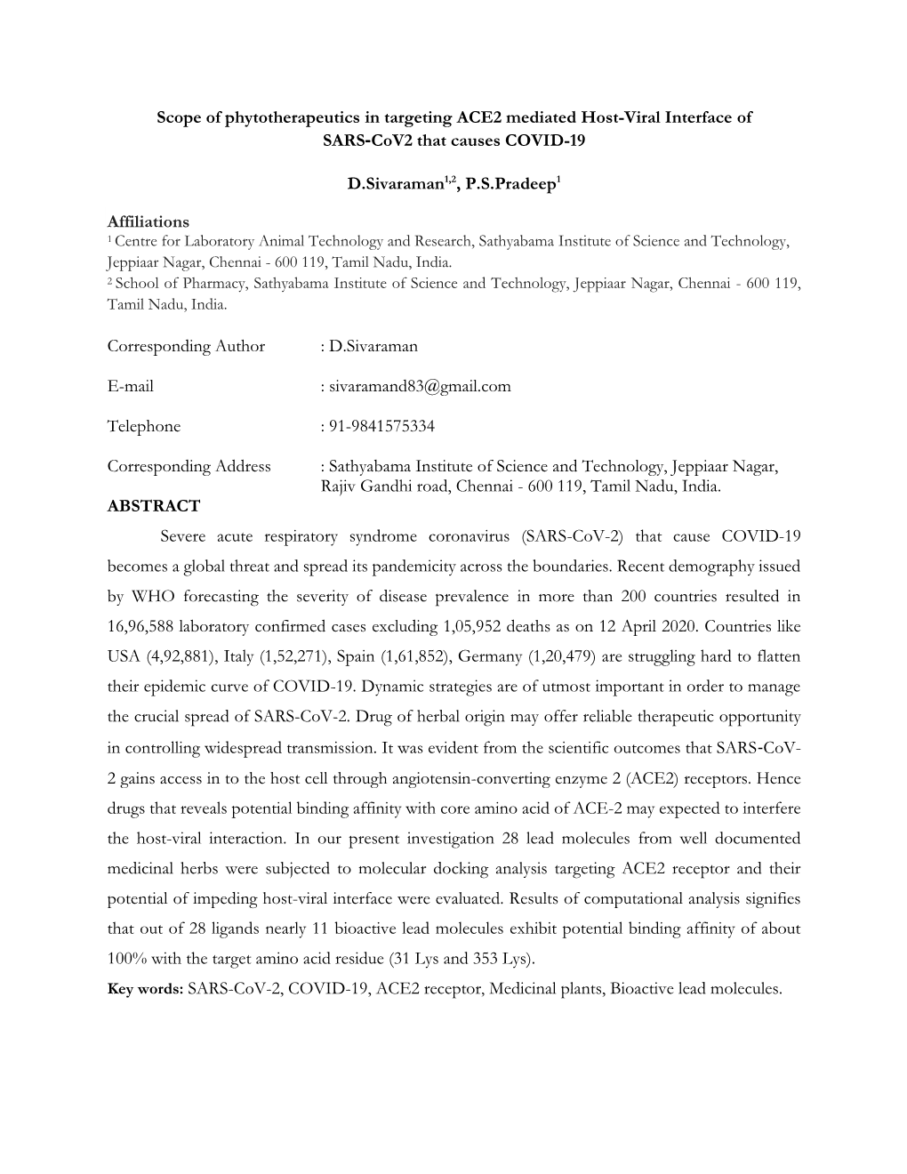 Scope of Phytotherapeutics in Targeting ACE2 Mediated Host-Viral Interface of SARS‐Cov2 That Causes COVID-19