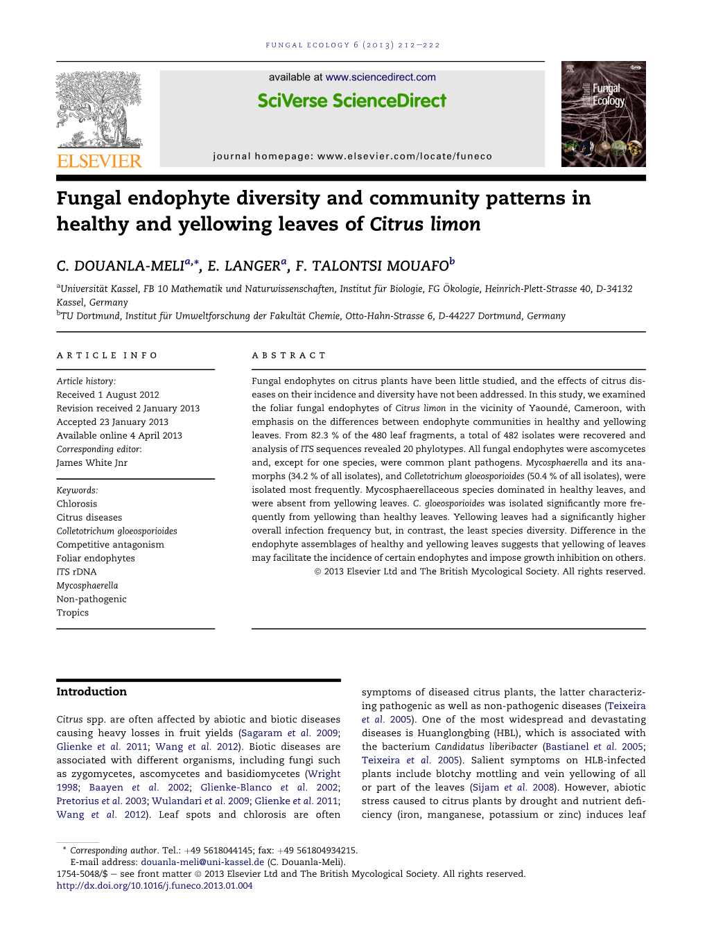 Fungal Endophyte Diversity and Community Patterns in Healthy and Yellowing Leaves of Citrus Limon