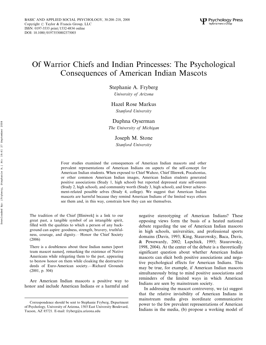 Of Warrior Chiefs and Indian Princesses: the Psychological Consequences of American Indian Mascots