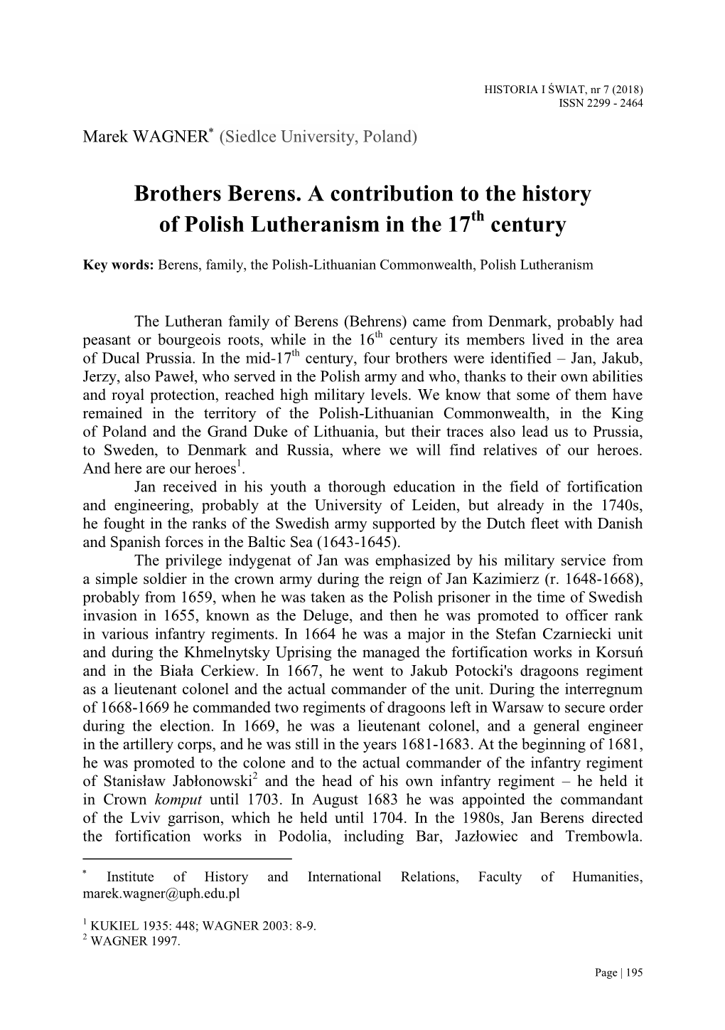 Brothers Berens. a Contribution to the History of Polish Lutheranism in the 17Th Century