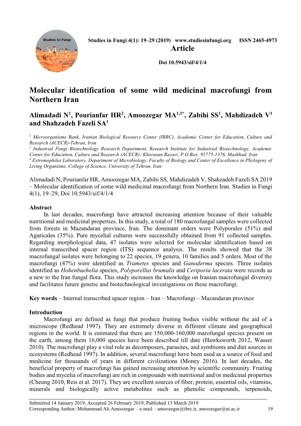 Molecular Identification of Some Wild Medicinal Macrofungi from Northern Iran