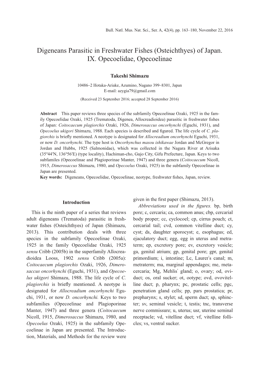 Digeneans Parasitic in Freshwater Fishes (Osteichthyes) of Japan. IX