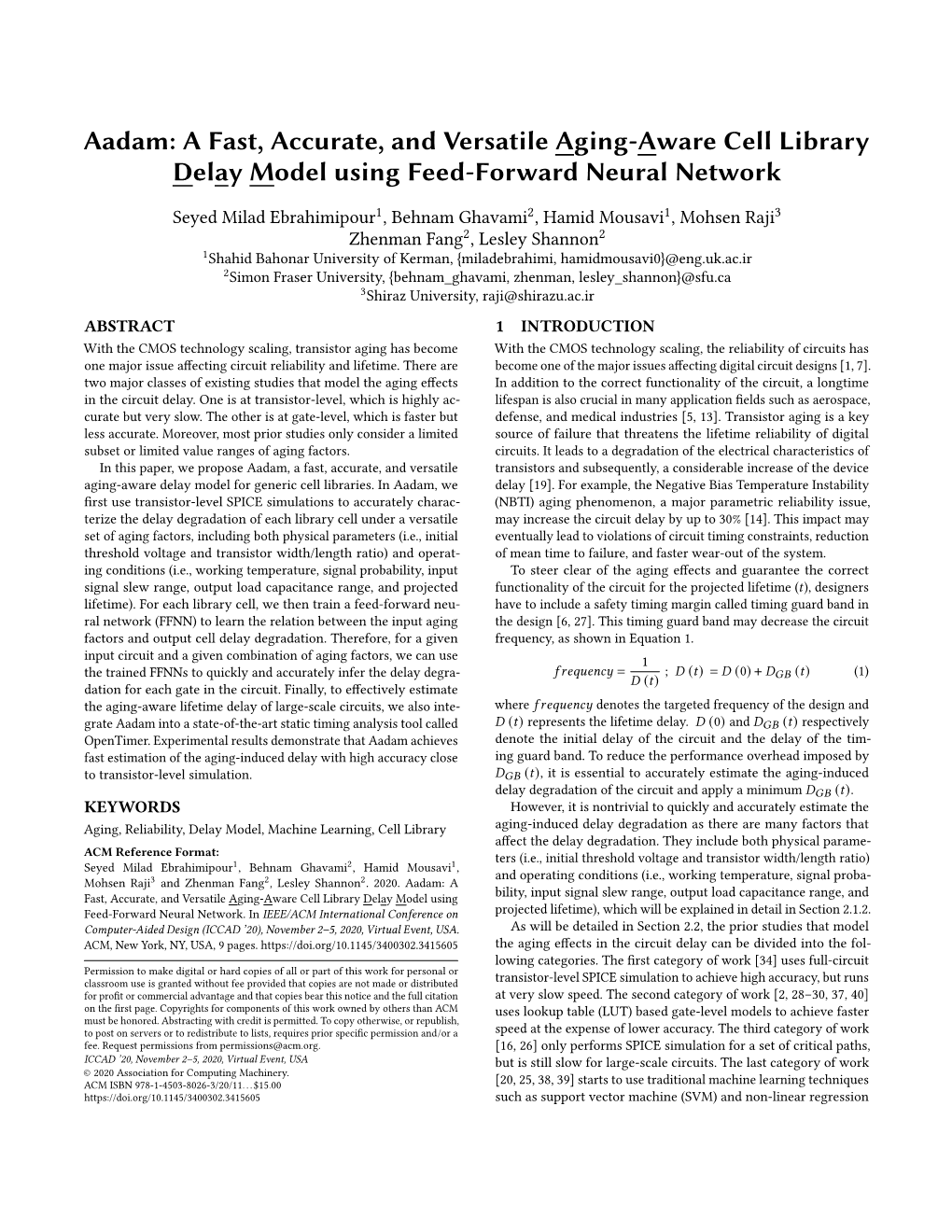 Aadam: a Fast, Accurate, and Versatile Aging-Aware Cell Library Delay Model Using Feed-Forward Neural Network