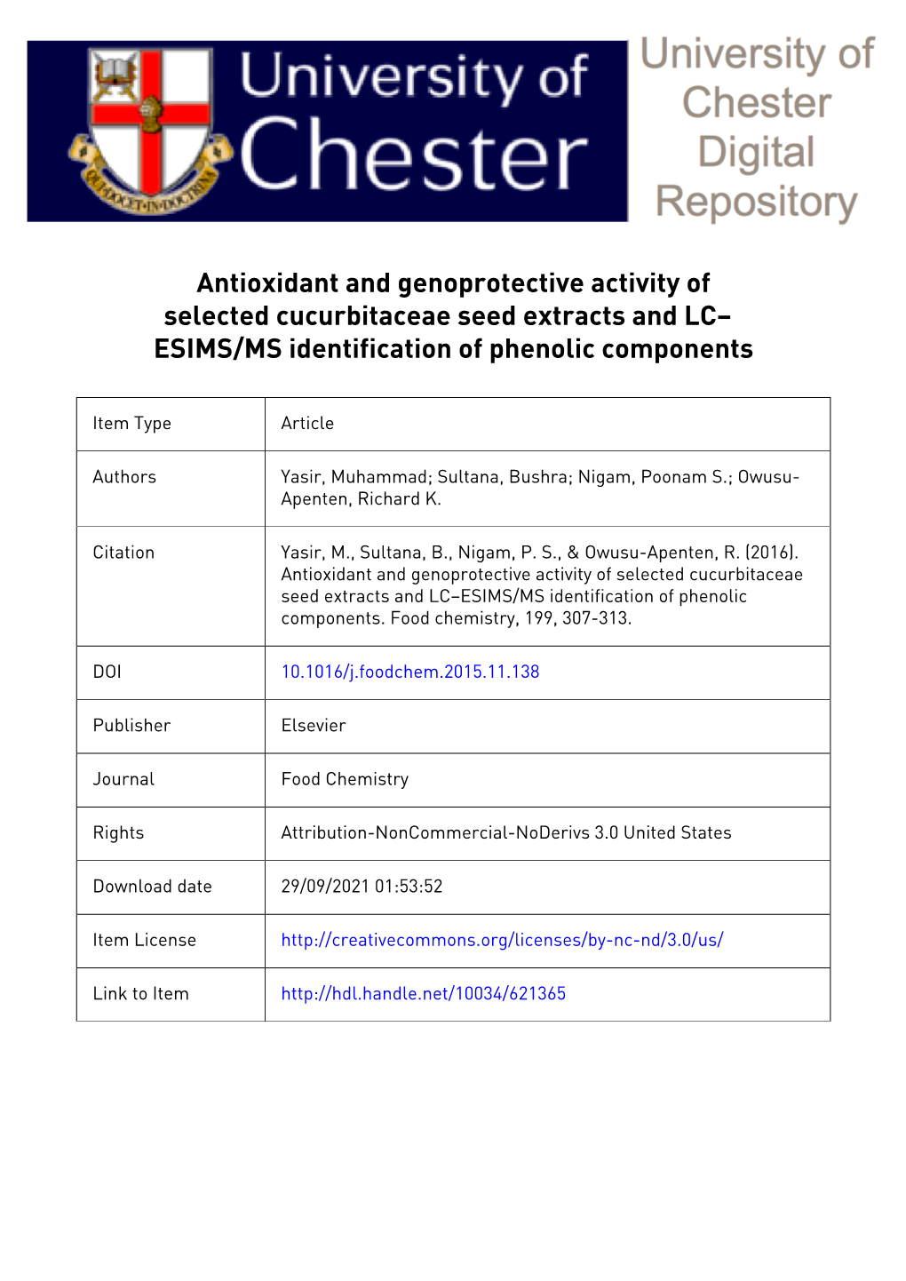 Antioxidant and Genoprotective Activity of Selected Cucurbitaceae Seed Extracts and LC-ESIMS/MS Identification of Phenolic Compo