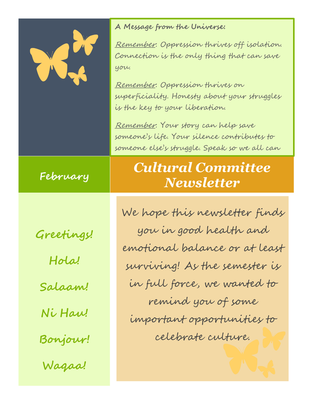 Cultural Committee Newsletter
