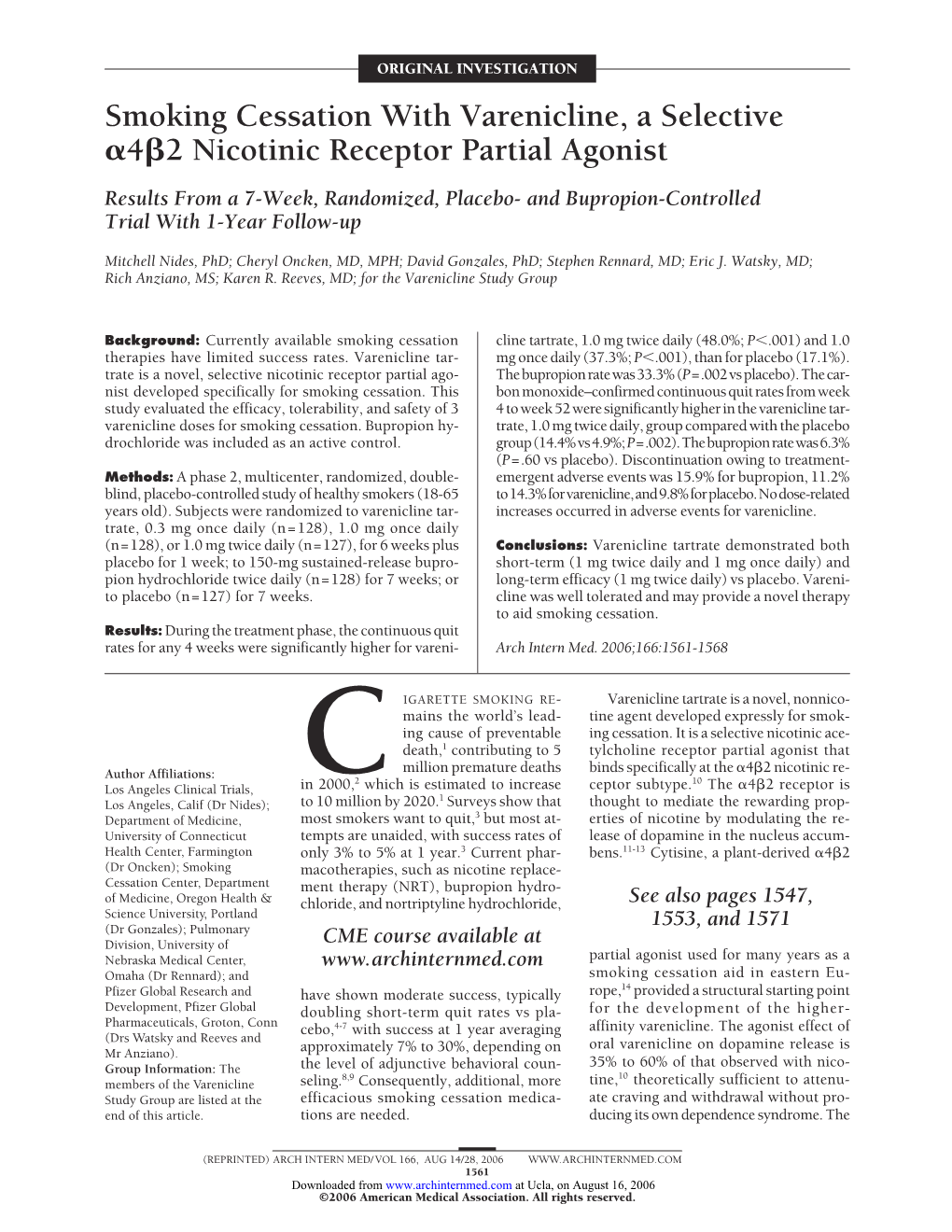 Smoking Cessation with Varenicline, a Selective 4 2 Nicotinic Receptor