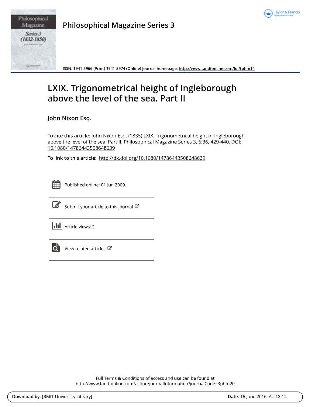 LXIX. Trigonometrical Height of Ingleborough Above the Level of the Sea