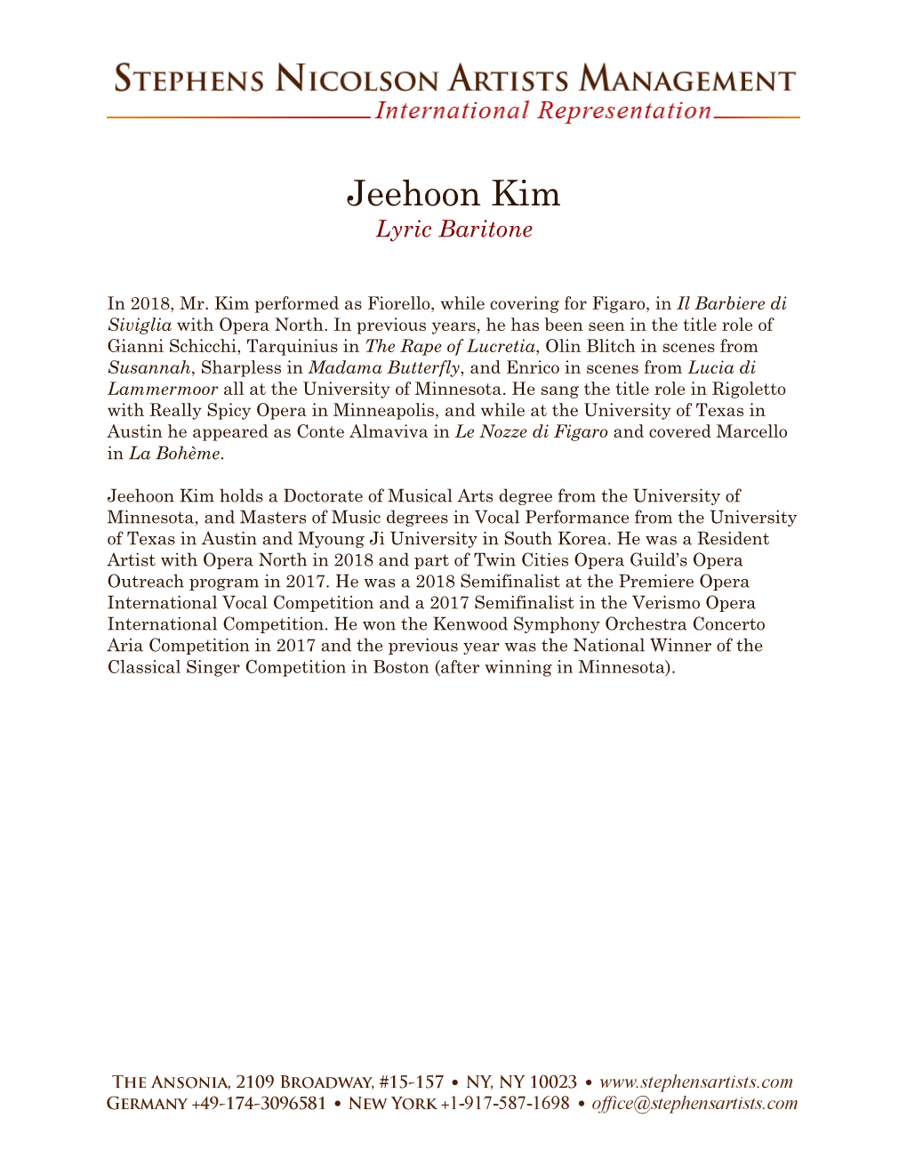 Jeehoon Kim Lyric Baritone