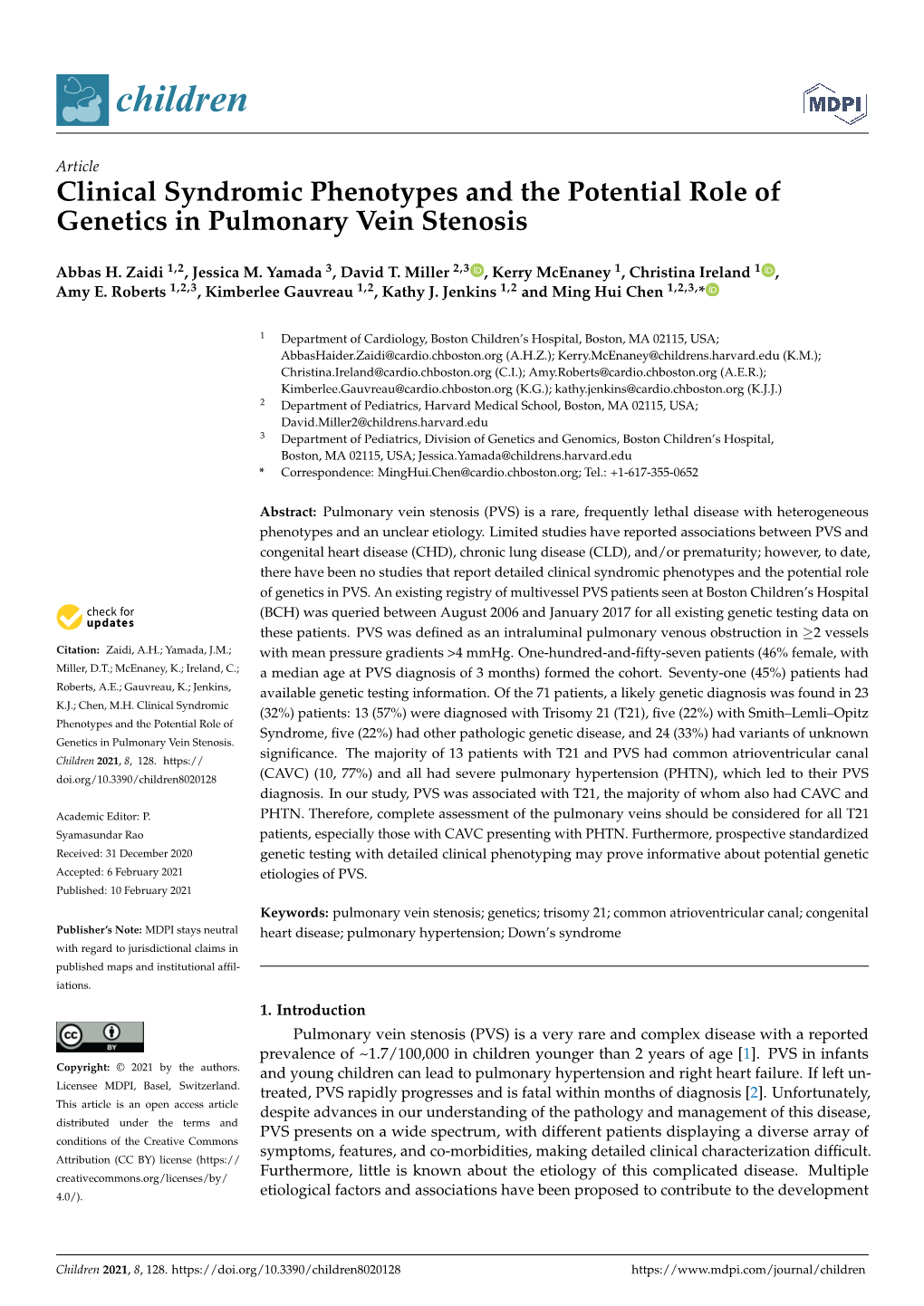 Clinical Syndromic Phenotypes and the Potential Role of Genetics in Pulmonary Vein Stenosis