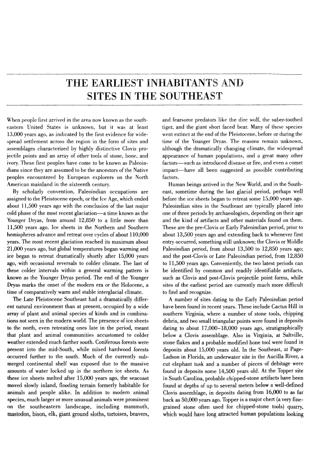 The Earliest Inhabitants and Sites in the Southeast