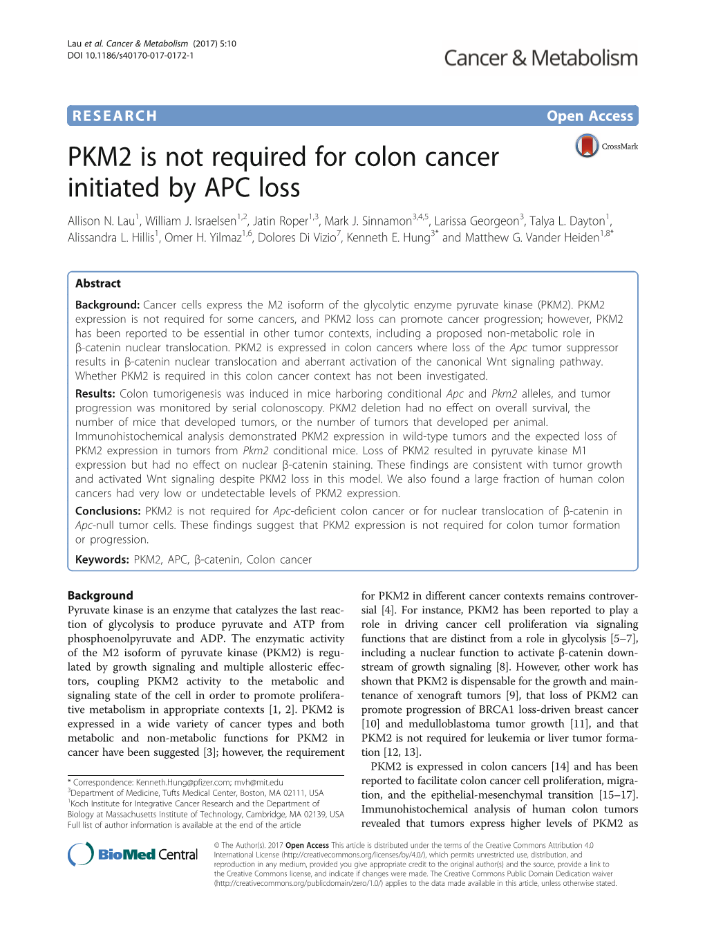 PKM2 Is Not Required for Colon Cancer Initiated by APC Loss Allison N