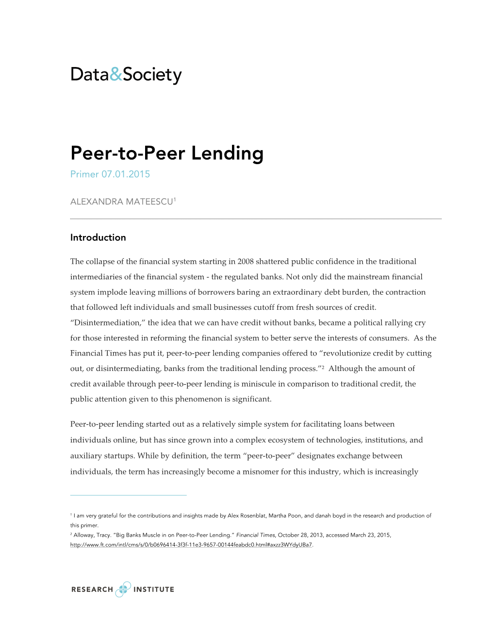 Peer-To-Peer Lending Primer 07.01.2015