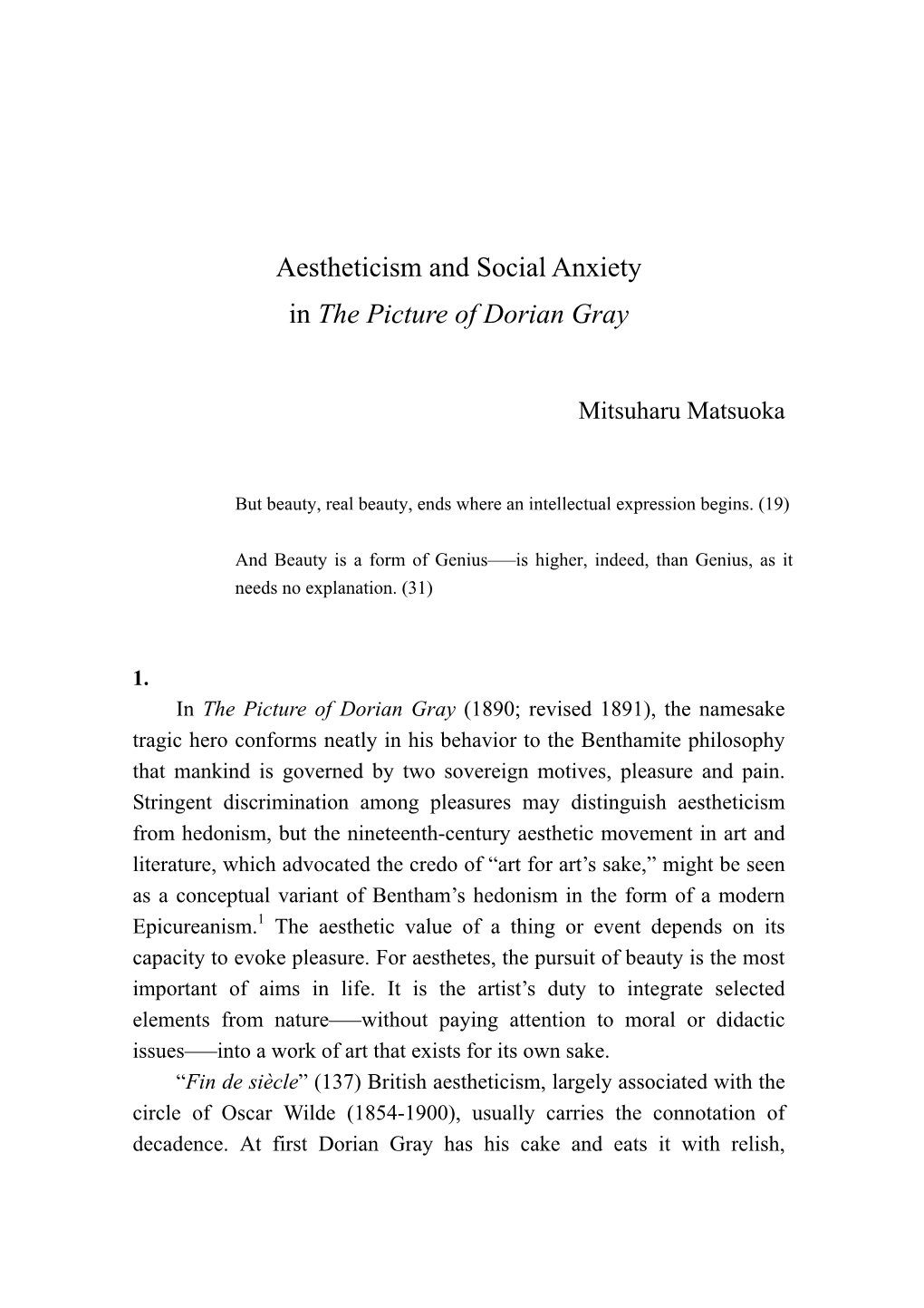 Aestheticism and Social Anxiety in the Picture of Dorian Gray