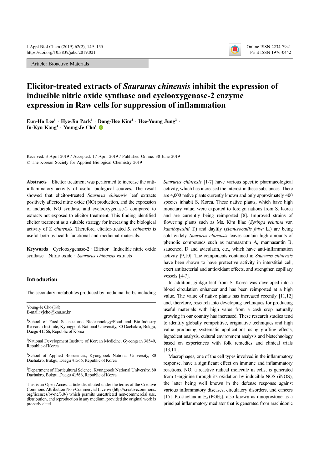 Elicitor-Treated Extracts of Saururus Chinensis Inhibit