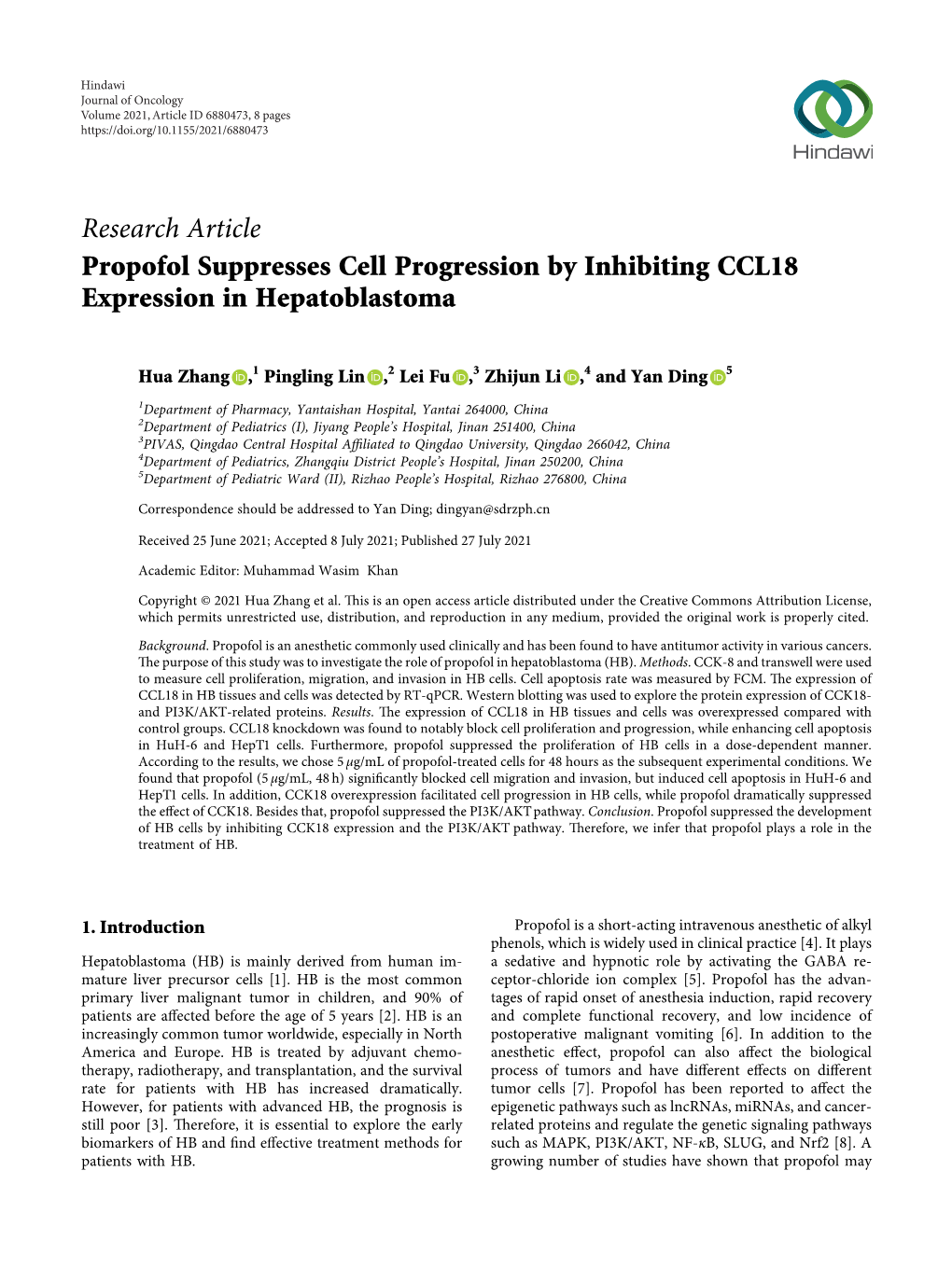 Propofol Suppresses Cell Progression by Inhibiting CCL18 Expression in Hepatoblastoma