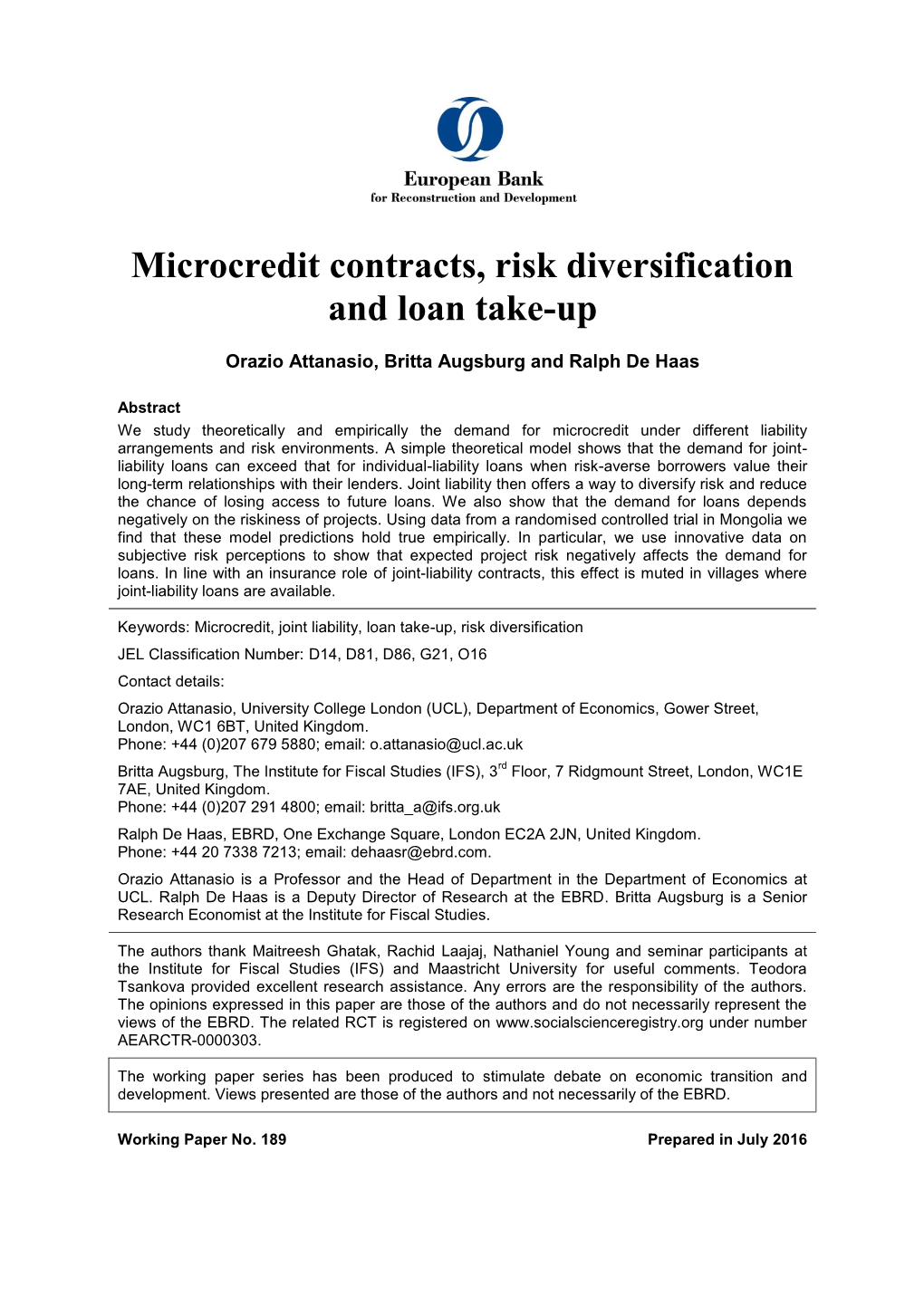 Microcredit Contracts, Risk Diversification and Loan Take-Up