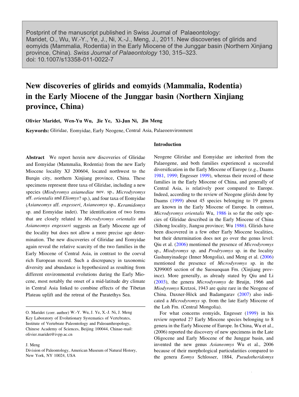 Mammalia, Rodentia) in the Early Miocene of the Junggar Basin (Northern Xinjiang Province, China