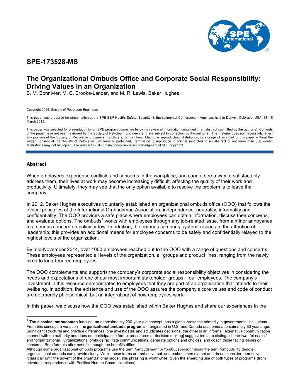 SPE-173528-MS the Organizational Ombuds Office and Corporate