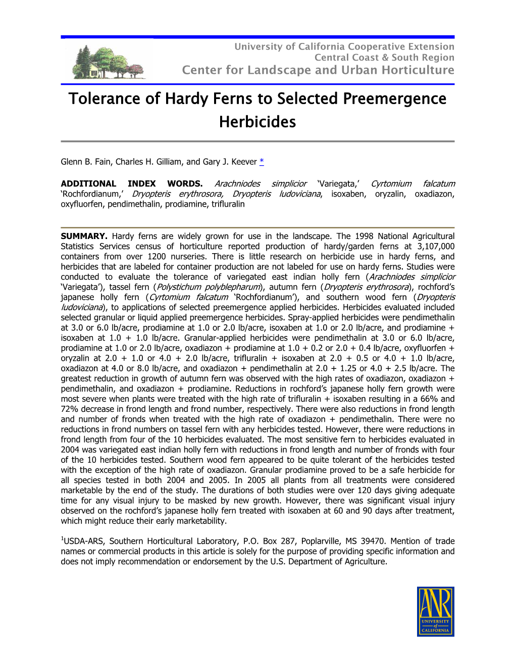 Tolerance of Hardy Ferns to Selected Preemergence Herbicides