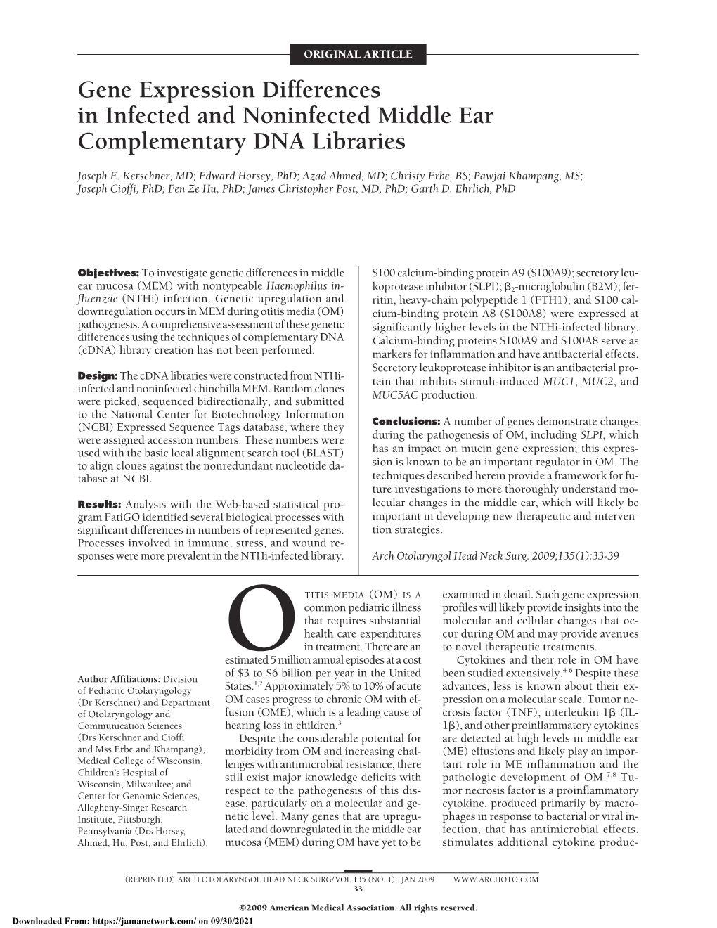 Gene Expression Differences in Infected and Noninfected Middle Ear Complementary DNA Libraries