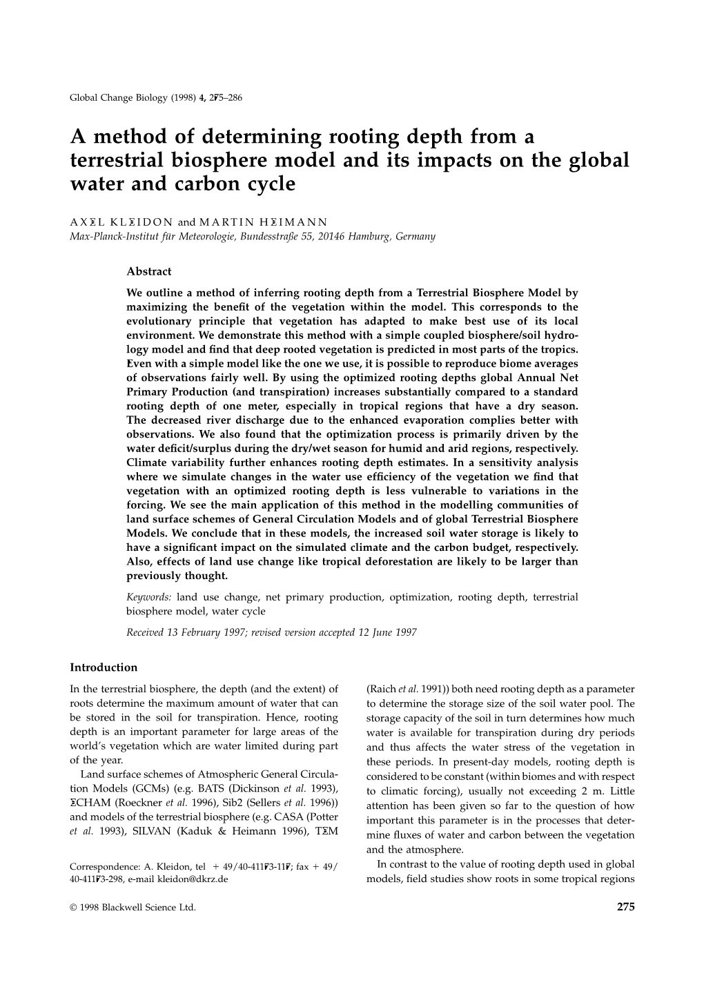 A Method of Determining Rooting Depth from a Terrestrial Biosphere Model and Its Impacts on the Global Water and Carbon Cycle