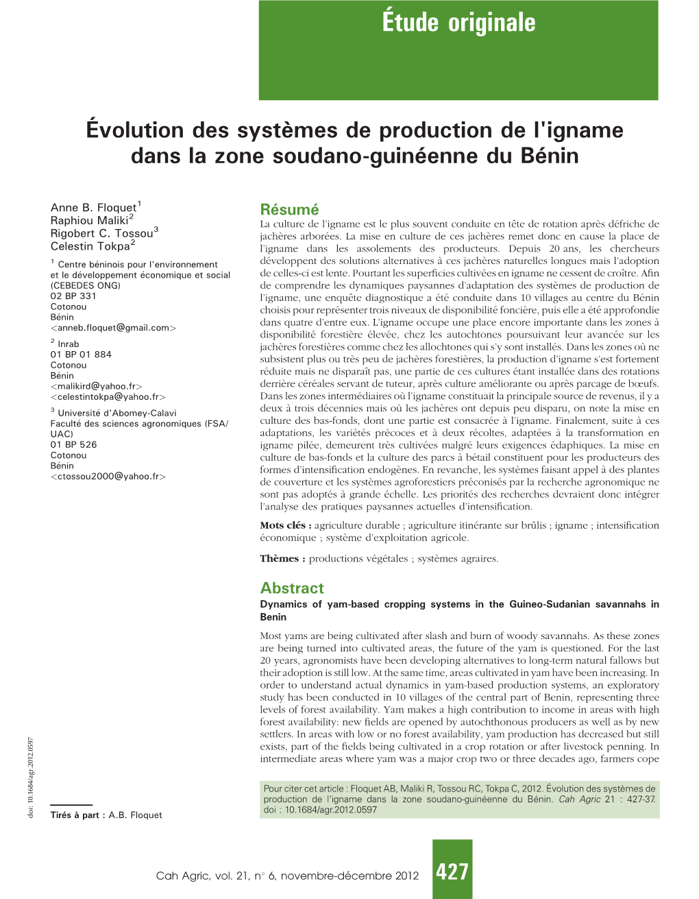Évolution Des Systèmes De Production De L'igname Dans La Zone Soudano-Guinéenne Du Bénin