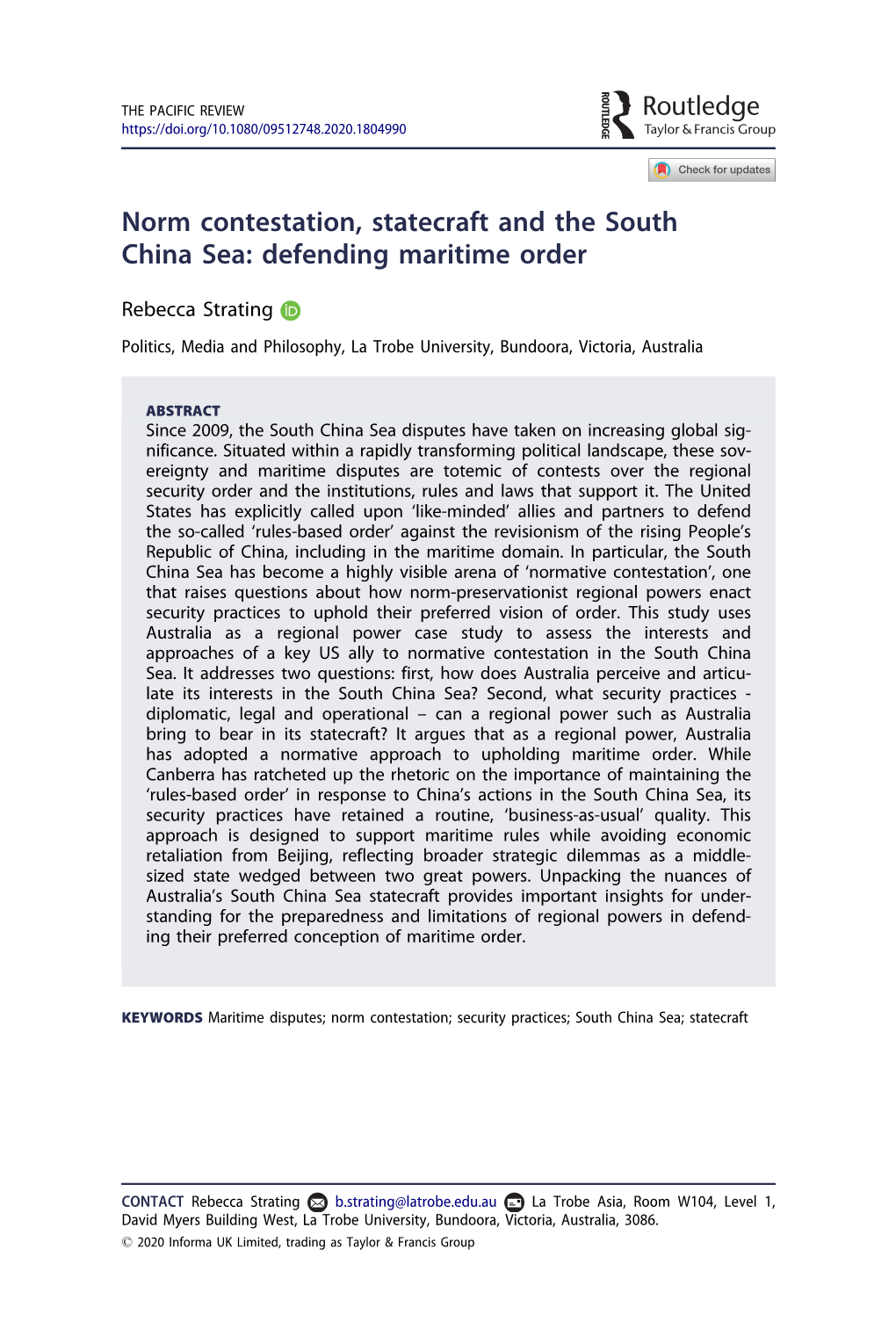 Norm Contestation, Statecraft and the South China Sea: Defending Maritime Order