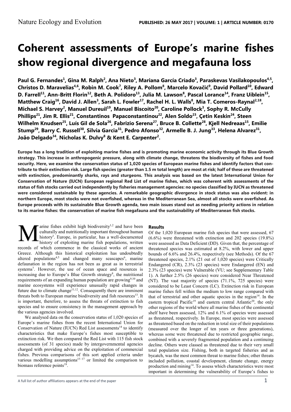 Coherent Assessments of Europe's Marine Fishes Show Regional