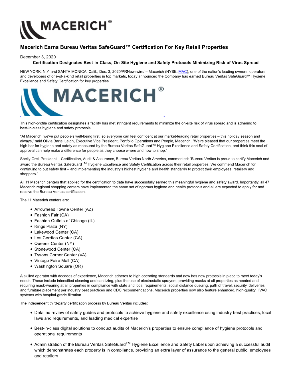 Macerich Earns Bureau Veritas Safeguard™ Certification for Key Retail Properties