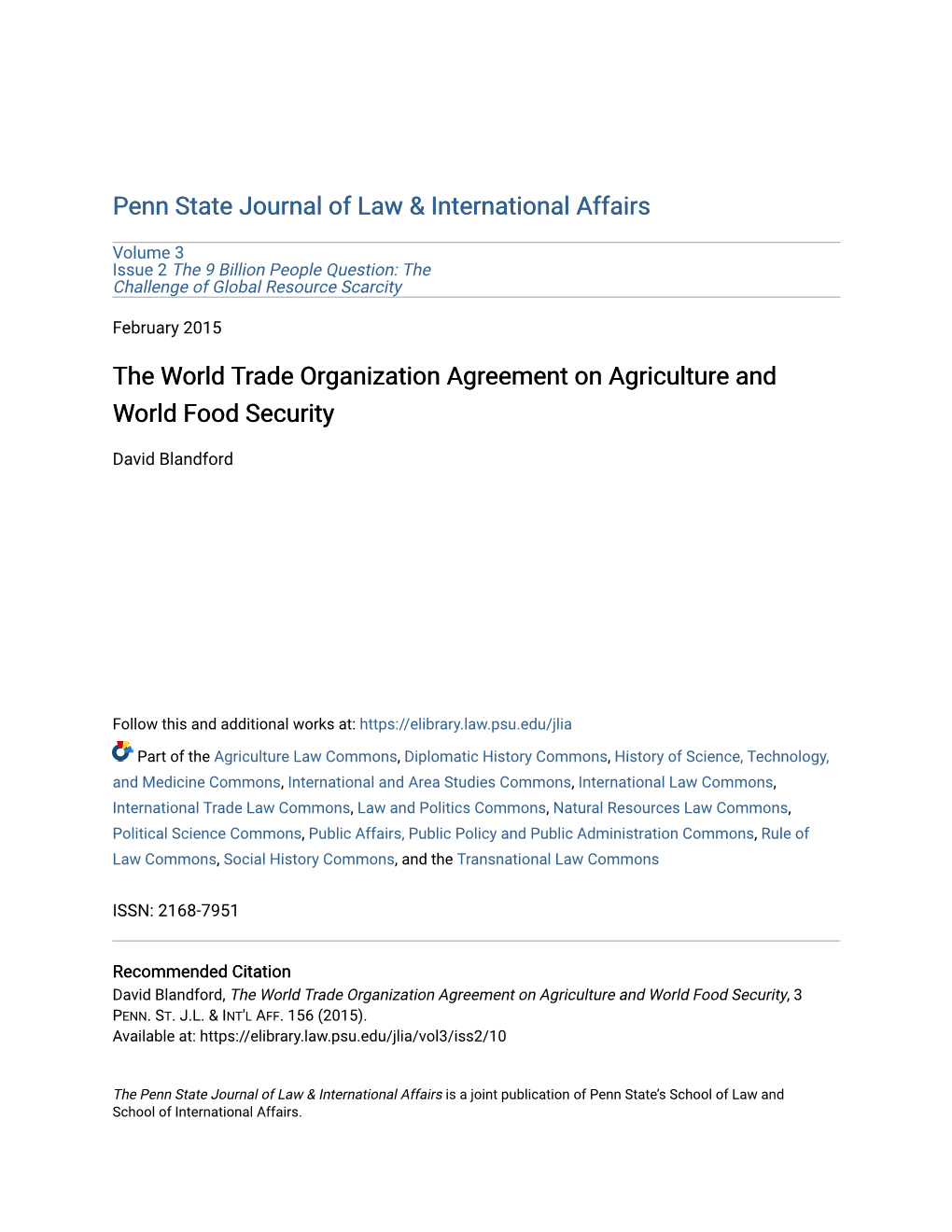 The World Trade Organization Agreement on Agriculture and World Food Security