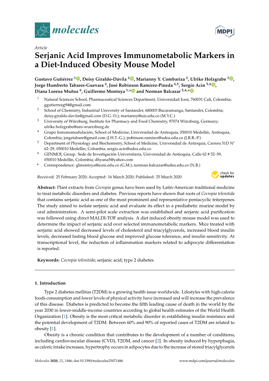 Serjanic Acid Improves Immunometabolic Markers in a Diet-Induced Obesity Mouse Model