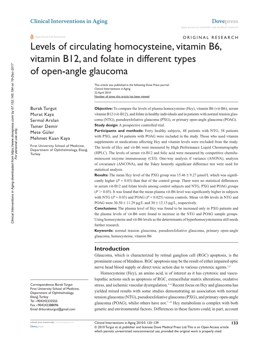 Levels of Circulating Homocysteine, Vitamin B6, Vitamin B12, and Folate in Different Types of Open-Angle Glaucoma