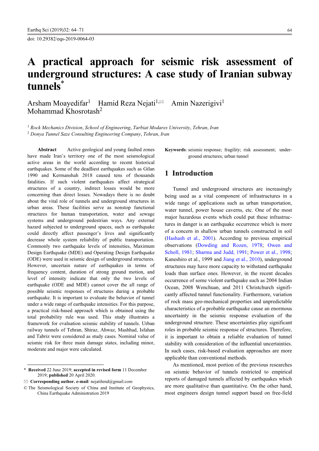 A Practical Approach for Seismic Risk Assessment of Underground Structures: a Case Study of Iranian Subway Tunnels*