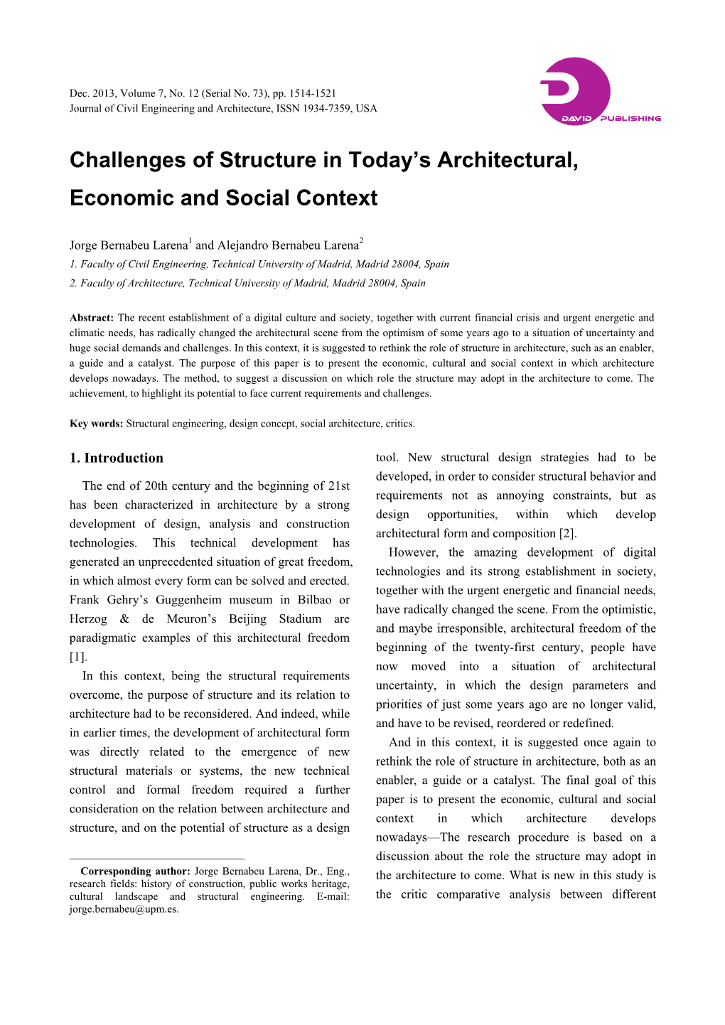 Challenges of Structure in Today's Architectural, Economic and Social Context