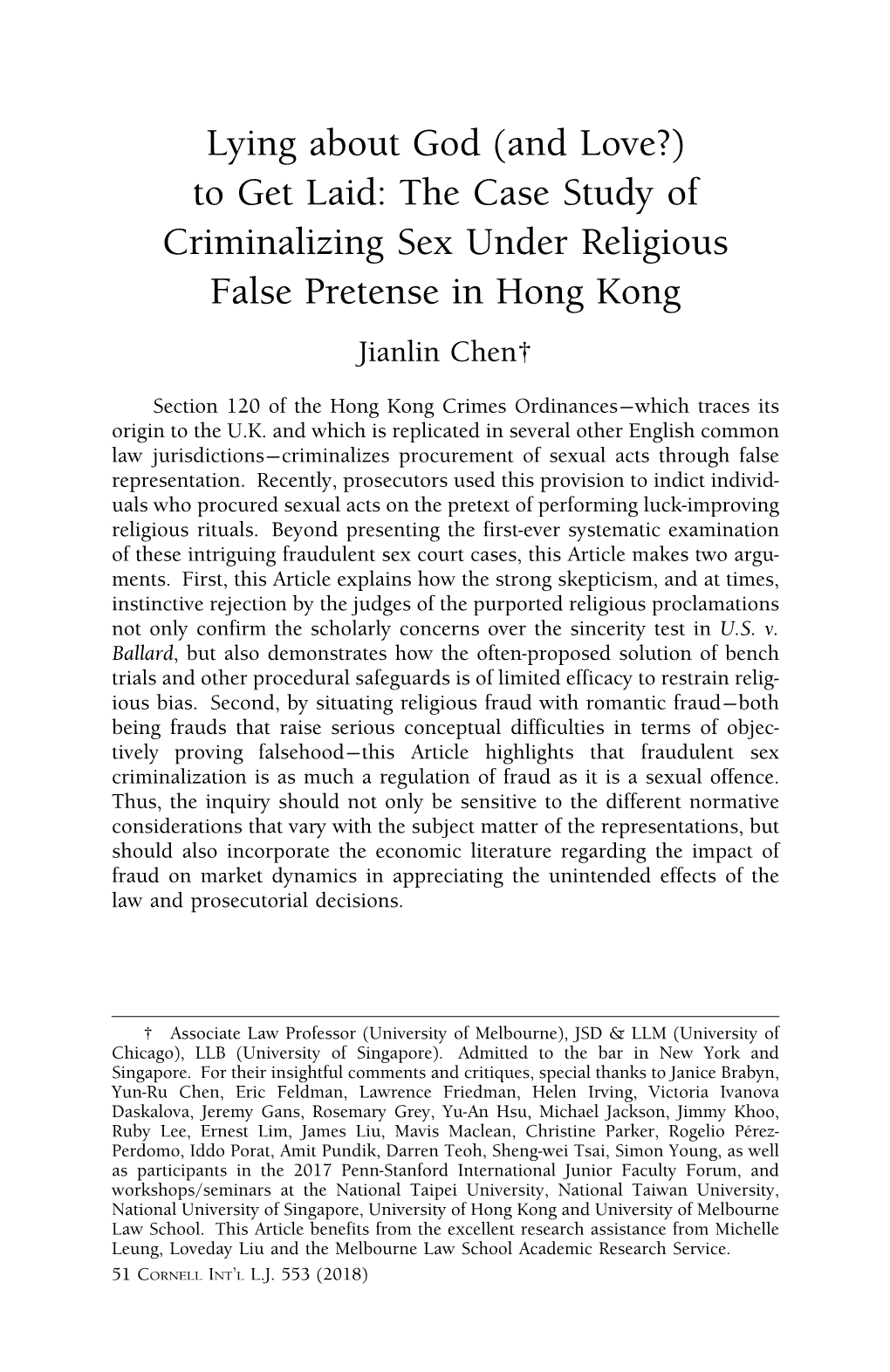 Lying About God (And Love?) to Get Laid: the Case Study of Criminalizing Sex Under Religious False Pretense in Hong Kong Jianlin Chen†