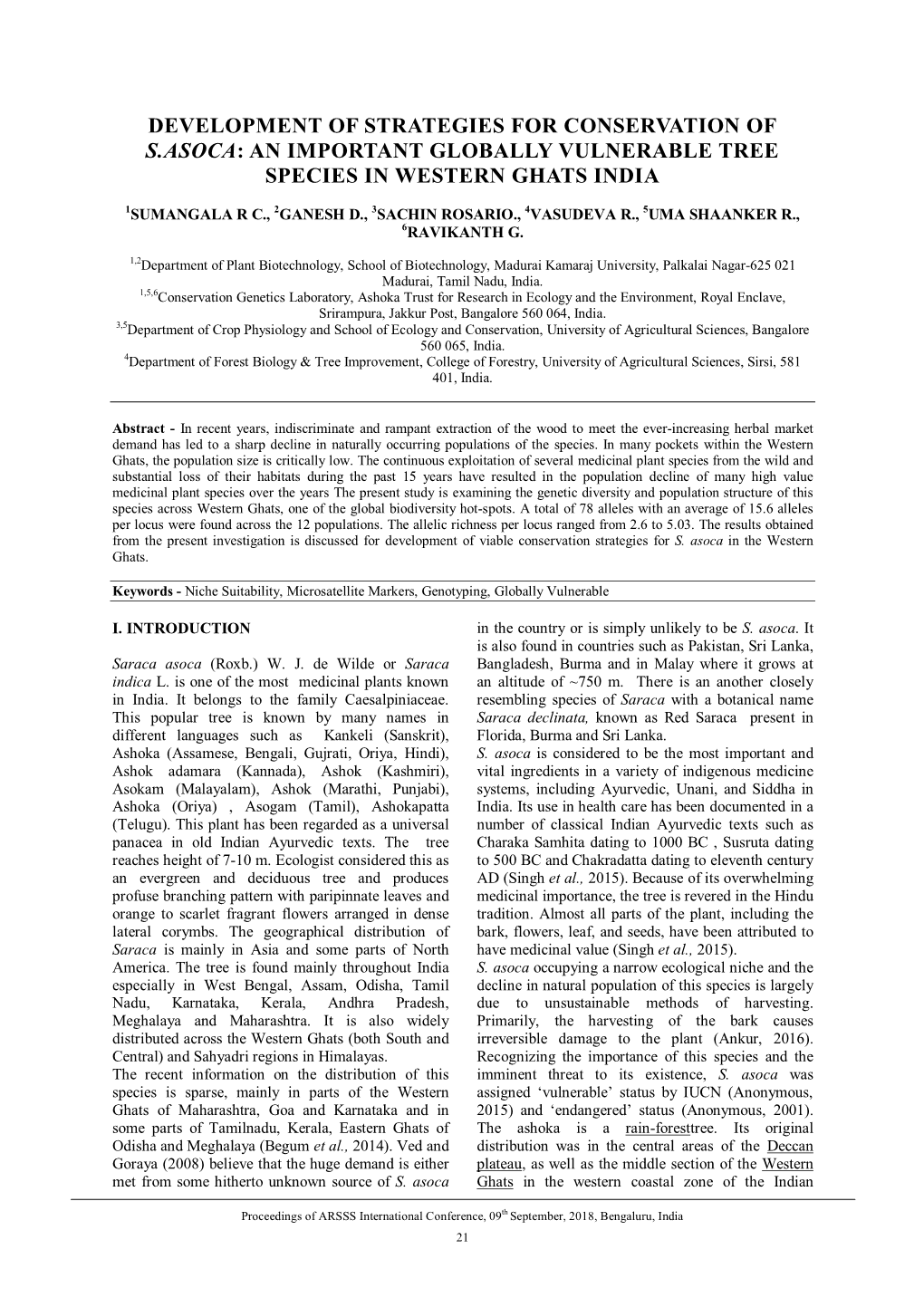 Development of Strategies for Conservation of S.Asoca: an Important Globally Vulnerable Tree Species in Western Ghats India