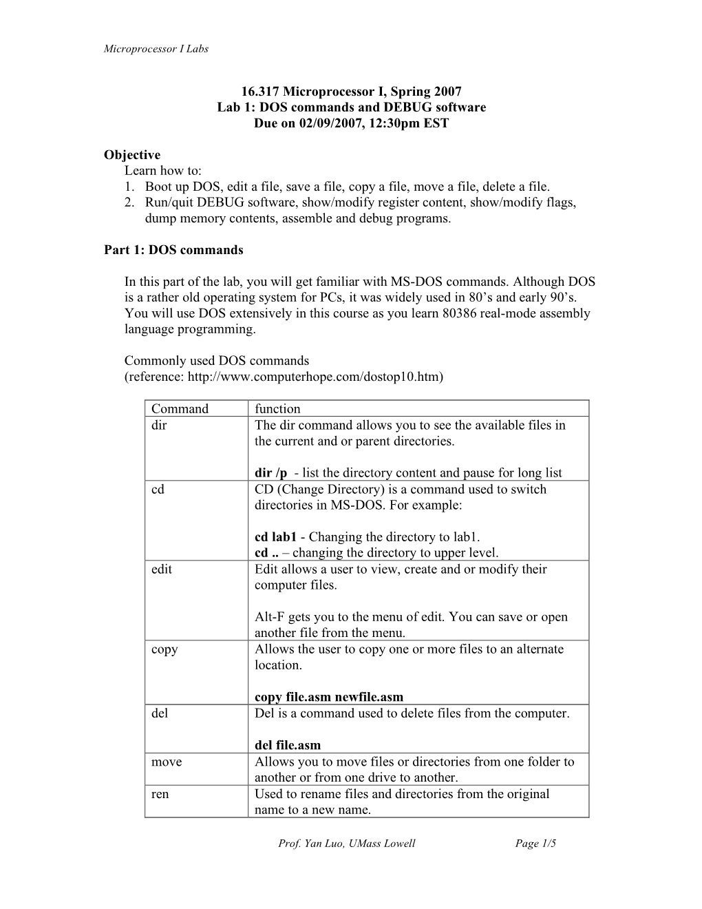 16.317 Microprocessor I, Spring 2007 Lab 1: DOS Commands and DEBUG Software Due on 02/09/2007, 12:30Pm EST