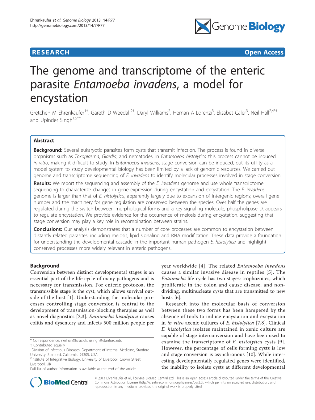 The Genome and Transcriptome of the Enteric Parasite Entamoeba