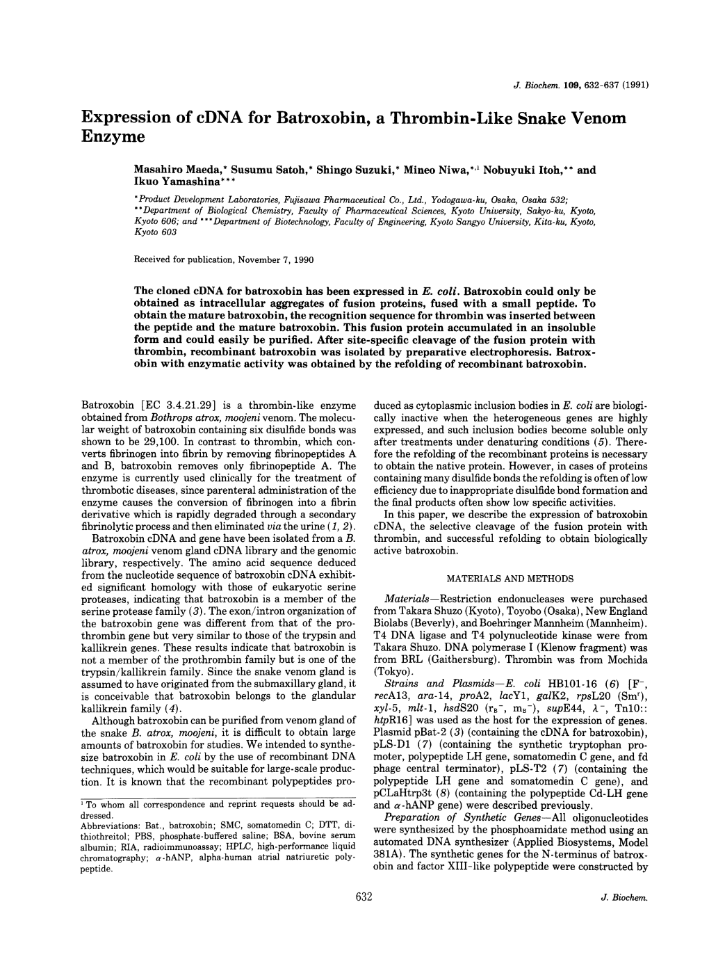 Expression of Cdna for Batroxobin, a Thrombin-Like Snake Venom Enzyme