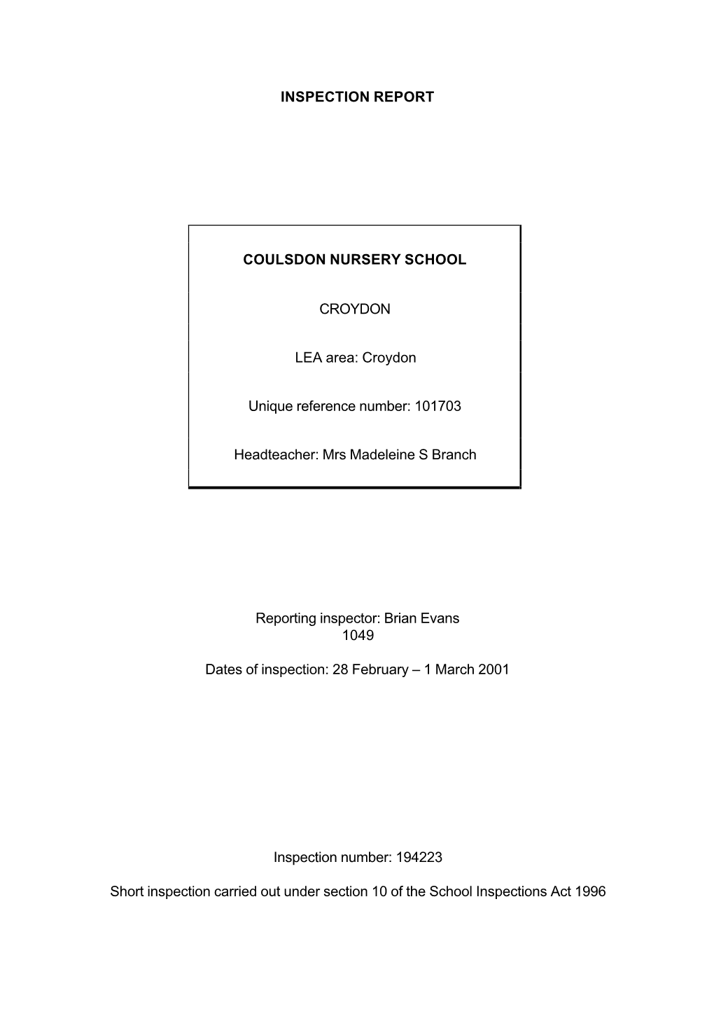 Inspection Report Coulsdon Nursery School Croydon